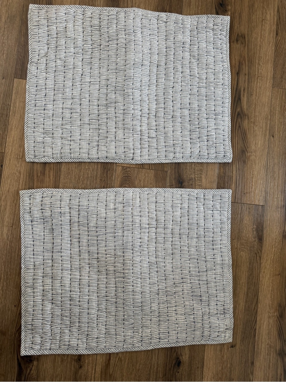 Ballard Designs Ticking Stripe Quilted Pillow Shams - Set of 2 Blue Cream